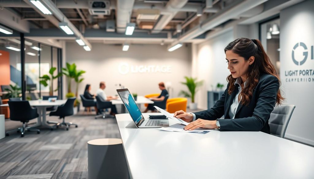 A well-lit, modern office scene showcasing the advantages of LIGHT PORTAGE's salarial portage and continuous training services. In the foreground, a professional-looking person sits at a sleek, minimalist desk, intently reviewing documents and digital screens. The middle ground features an inviting collaborative workspace with comfortable seating and vibrant decor, conveying a sense of productivity and career growth. The background subtly highlights the LIGHT PORTAGE brand logo, reinforcing the company's expertise and reliable solutions. The overall atmosphere is one of innovation, flexibility, and a supportive environment for professional development.