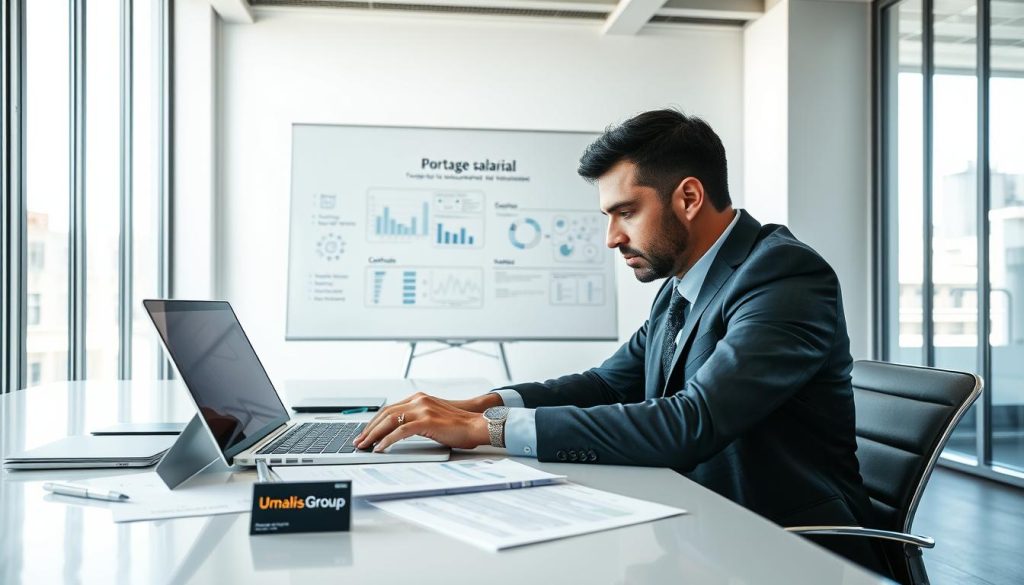 A well-lit, modern office setting serves as the backdrop, with large windows allowing natural light to flood in. In the foreground, a professional individual dressed in business attire is seated at a sleek desk, reviewing contracts related to "portage salarial" on a laptop with a focused expression. Papers and charts are neatly arranged, showcasing graphs and figures relevant to contract management. On the side, incorporate the brand logo of "Umalis Group" on a business card placed visibly on the desk. In the middle ground, a large whiteboard displays flowcharts and key points about managing contractual and administrative aspects. The atmosphere is organized, conveying a sense of professionalism and clarity, emphasizing the importance of efficient contract management in the freelance industry. The angle is slightly above eye-level, offering a comprehensive view of the workspace and its activities. A well-lit, modern office setting serves as the backdrop, with large windows allowing natural light to flood in. In the foreground, a professional individual dressed in business attire is seated at a sleek desk, reviewing contracts related to "portage salarial" on a laptop with a focused expression. Papers and charts are neatly arranged, showcasing graphs and figures relevant to contract management. On the side, incorporate the brand logo of "Umalis Group" on a business card placed visibly on the desk. In the middle ground, a large whiteboard displays flowcharts and key points about managing contractual and administrative aspects. The atmosphere is organized, conveying a sense of professionalism and clarity, emphasizing the importance of efficient contract management in the freelance industry. The angle is slightly above eye-level, offering a comprehensive view of the workspace and its activities.