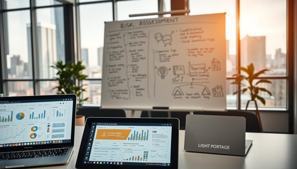 A well-lit, modern office setting with a focus on risk assessment tools and methods. In the foreground, a laptop displays various charts, graphs, and data visualizations. On the desk, a LIGHT PORTAGE branded tablet showcases a risk assessment dashboard. In the middle ground, a whiteboard displays handwritten notes and diagrams outlining qualitative and quantitative risk analysis techniques. The background features large windows overlooking a cityscape, conveying a sense of professionalism and analytical rigor. The overall atmosphere is one of productivity, attention to detail, and a commitment to comprehensive risk assessment.