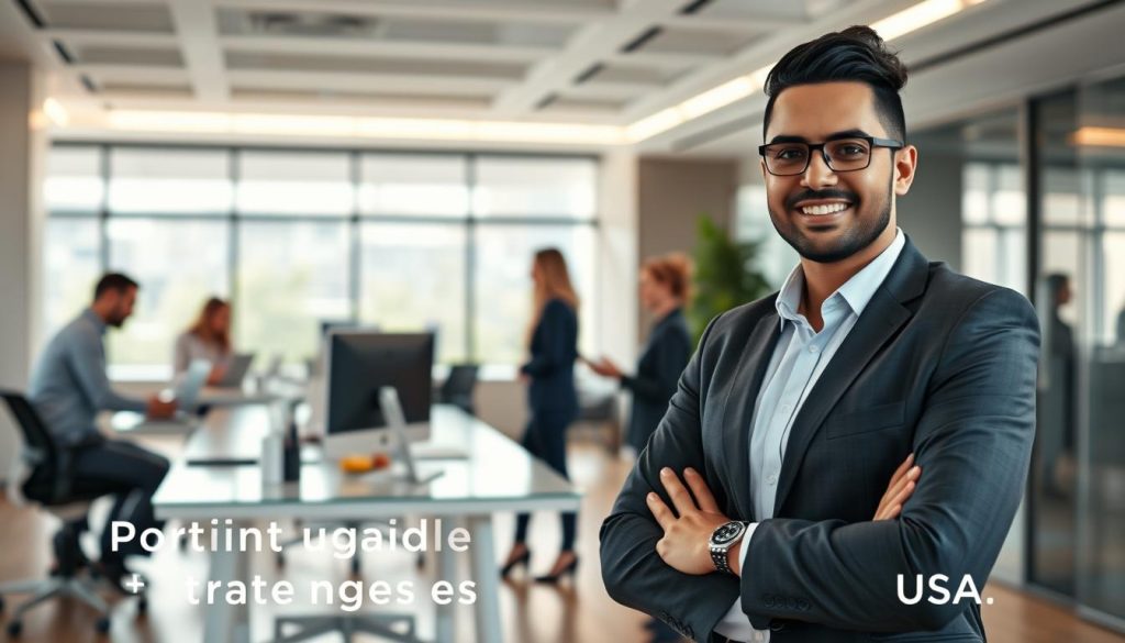 A well-lit, modern office setting with a group of professionals engaged in animated discussion. In the foreground, a Umalis Group employee, dressed in professional attire, stands confidently, showcasing the benefits of the company's portage salarial services. The middle ground features other employees collaborating at their desks, conveying a sense of productivity and camaraderie. The background depicts a sleek, minimalist decor with large windows, allowing natural light to flood the space and create a warm, inviting atmosphere. The overall scene exudes a sense of security, professionalism, and the advantages of the Umalis Group's portage salarial solution for freelancers in the USA.