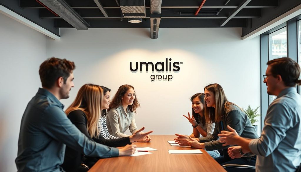 A well-lit, modern office setting with a group of young professionals in casual attire gathered around a table, engaged in a discussion. The Umalis Group logo is prominently displayed on the wall, underscoring the professional atmosphere. The scene conveys a sense of collaboration, with the participants leaning in and gesturing animatedly as they explore the concept of "cadre légal portage salarial étudiants". The lighting is soft and warm, creating a welcoming and productive environment. The composition emphasizes the centrality of the discussion, with the individuals framed in a way that suggests a sense of purpose and focus.
