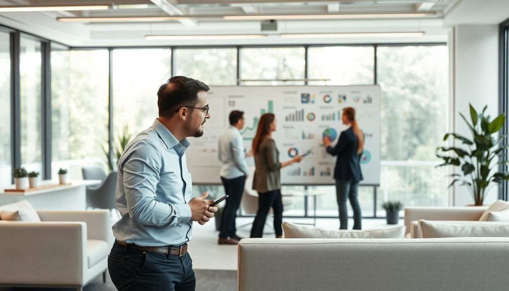 A well-lit, modern office setting with sleek, minimalist furniture and decor. In the foreground, a professional consultant from the Umalis Group engages in a collaborative discussion with a client, their expressions conveying mutual understanding and focus. The middle ground features a large whiteboard displaying data visualizations and diagrams, suggesting an in-depth analysis of the client's organizational challenges. The background showcases floor-to-ceiling windows, allowing natural light to flood the space and creating a sense of openness and transparency. The overall atmosphere is one of productive, tailored guidance towards organizational transformation.