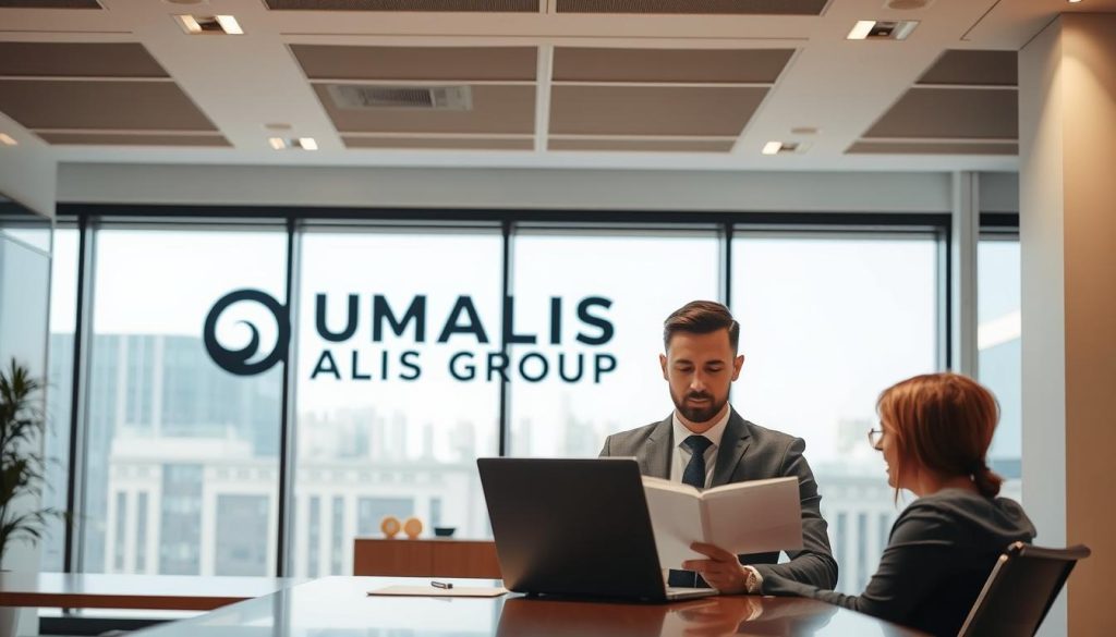 A well-lit, modern office setting. In the foreground, a professional-looking consultant in a tailored suit sits at a desk, reviewing documents and discussing options with a client. In the middle ground, a large UMALIS GROUP logo adorns the wall, conveying a sense of authority and expertise. The background features floor-to-ceiling windows, allowing natural light to flood the space and create a warm, inviting atmosphere. The consultant's posture and expression radiate confidence, competence, and a commitment to providing exceptional service to the client.