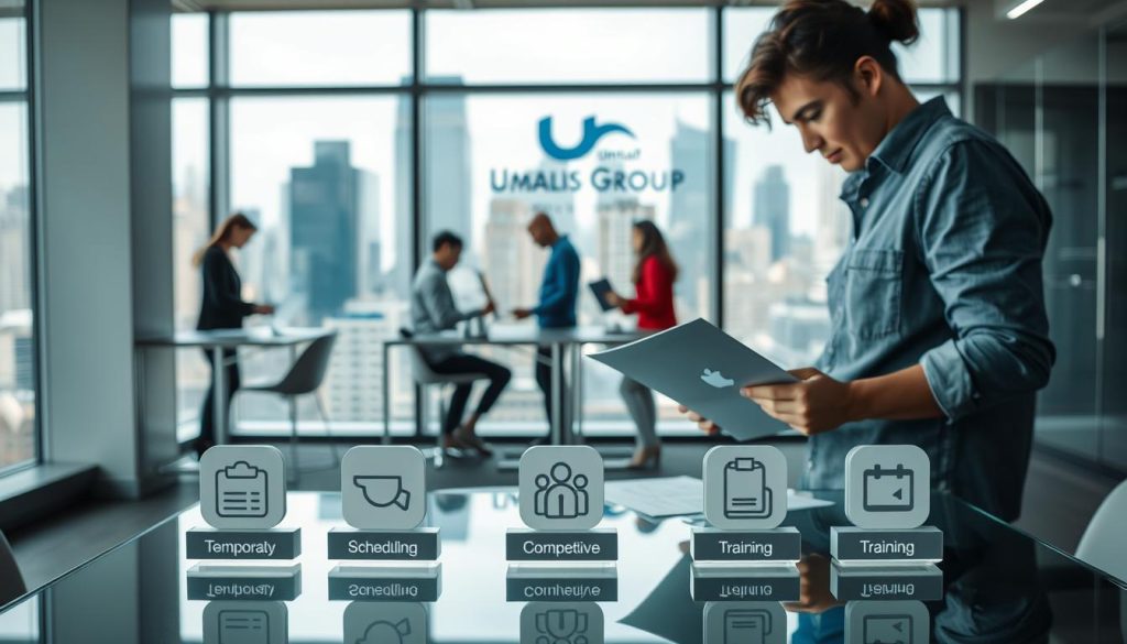A well-lit modern office space, with a focus on a worker in casual attire reviewing documents on a laptop. In the foreground, a clear glass table showcases various icons representing temporary work benefits such as flexible scheduling, competitive pay, and training opportunities. The middle ground features colleagues collaborating at standing desks, their faces obscured to maintain privacy. The background depicts the Umalis Group logo subtly displayed on the wall, framed by large windows overlooking a bustling city skyline. The overall atmosphere conveys a sense of professionalism, productivity, and the value placed on temporary work placements.