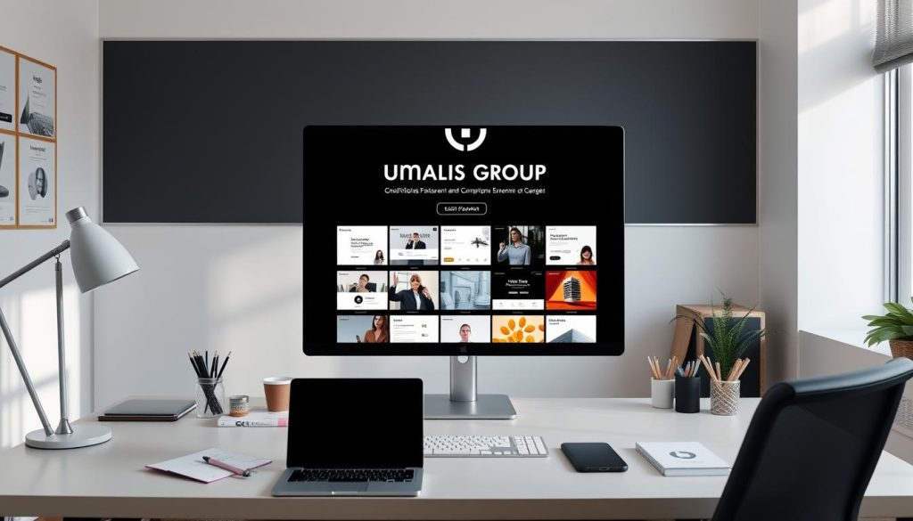 A well-lit, modern office space with a minimalist desk, a laptop, and various stationery items. In the center, a large computer screen displays an elegantly designed online portfolio showcasing a diverse range of projects, skills, and professional achievements. The Umalis Group logo is prominently displayed at the top of the screen, conveying a sense of authority and expertise. The overall atmosphere is one of focus, productivity, and a commitment to career development.