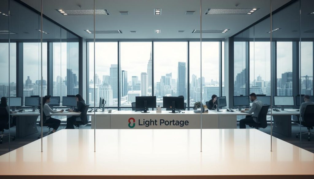 A well-lit, modern office space with a transparent glass wall in the foreground, revealing a team of administrative professionals diligently working on computers. The middle ground showcases a sleek, minimalist desk with the "Light Portage" brand prominently displayed. In the background, a large window offers a panoramic view of a bustling city skyline, conveying a sense of efficiency and transparency. The overall atmosphere is one of professionalism, organization, and attention to detail, reflecting the "transparent administrative management" concept.