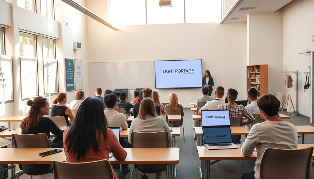 A well-lit, modern training program classroom with rows of desks and chairs. Sunlight streams in through large windows, casting a warm, natural glow over the scene. The walls are adorned with motivational posters and whiteboards, creating an inspiring, professional atmosphere. In the foreground, a group of diverse professionals are engaged in a collaborative learning activity, with the LIGHT PORTAGE logo prominently displayed on a laptop screen. The middle ground features an instructor standing at the front of the room, using a projector to guide the discussion. In the background, a sleek, minimalist bookshelf and coat rack suggest a well-equipped, thoughtfully designed space dedicated to continuous education.
