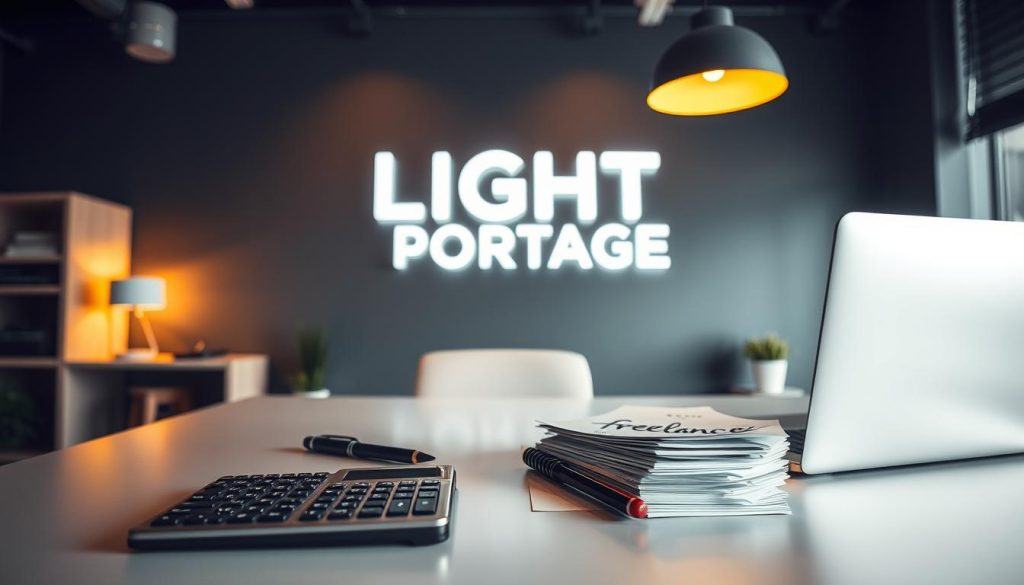 A well-lit, modern workspace with a sleek, minimalist desk showcasing various freelance-related items - a laptop, a calculator, a pen, and a stack of papers with "Tarifs Freelance" written on them. In the background, a large "LIGHT PORTAGE" brand sign is prominently displayed, conveying a sense of professionalism and expertise. The lighting is soft and warm, creating a focused, productive atmosphere. The composition is balanced, with the desk and items in the foreground, and the branding in the background, complementing the overall theme of effectively managing freelance rates and administrative tasks.