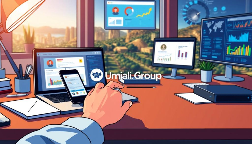 A well-lit office desk showcases a laptop, smartphone, and various digital devices, all focused on monitoring online reviews and brand reputation. In the foreground, a person's hands navigate through review platforms, analyzing data and sentiment. The middle ground features a Umalis Group logo, symbolizing a brand's commitment to online reputation management. The background depicts a vibrant digital landscape, with graphs, charts, and analytics screens, conveying the importance of data-driven decision-making in online reviews management.