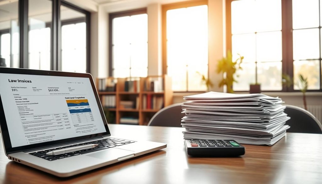 A well-lit office desk showcasing essential elements of the billing and compensation process. In the foreground, a laptop displays detailed invoices and payment records. Atop the desk, a neatly organized stack of documents, a calculator, and a pen. Bookshelves line the middle ground, hinting at the legal and financial resources available. The background features large windows allowing natural light to flood the space, creating a professional yet welcoming atmosphere. The scene conveys the efficiency, organization, and diligence required in handling the administrative duties of the salaried employment model.