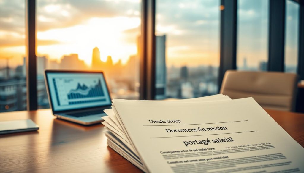 A well-lit office desk with a stack of business documents labeled "Documents fin mission portage salarial" in the foreground. In the middle ground, a laptop displaying the Umalis Group logo is open, with an abstract financial chart on the screen. The background features a window overlooking a bustling city skyline, bathed in warm, golden-hour lighting. The overall atmosphere conveys a sense of professionalism and attention to detail, reflecting the subject matter of the article's section on "Conséquences et droits après la fin de mission". A well-lit office desk with a stack of business documents labeled "Documents fin mission portage salarial" in the foreground. In the middle ground, a laptop displaying the Umalis Group logo is open, with an abstract financial chart on the screen. The background features a window overlooking a bustling city skyline, bathed in warm, golden-hour lighting. The overall atmosphere conveys a sense of professionalism and attention to detail, reflecting the subject matter of the article's section on "Conséquences et droits après la fin de mission".