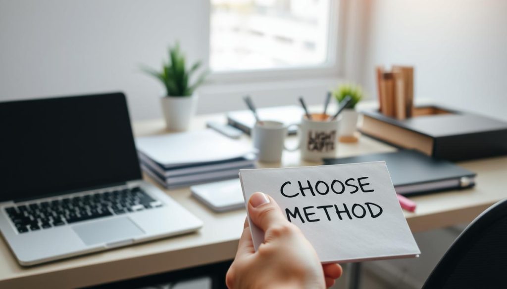 A well-lit office desk with various organizational tools and a laptop computer. In the foreground, a hand holds a notepad with the words "CHOOSE METHOD" written on it. The middle ground features a LIGHT PORTAGE mug, a pen holder, and a small potted plant. The background is blurred, showcasing a minimalist, modern workspace with natural light filtering in through a window. The overall atmosphere is focused, productive, and contemplative, inviting the viewer to consider the best task prioritization technique for their workflow.