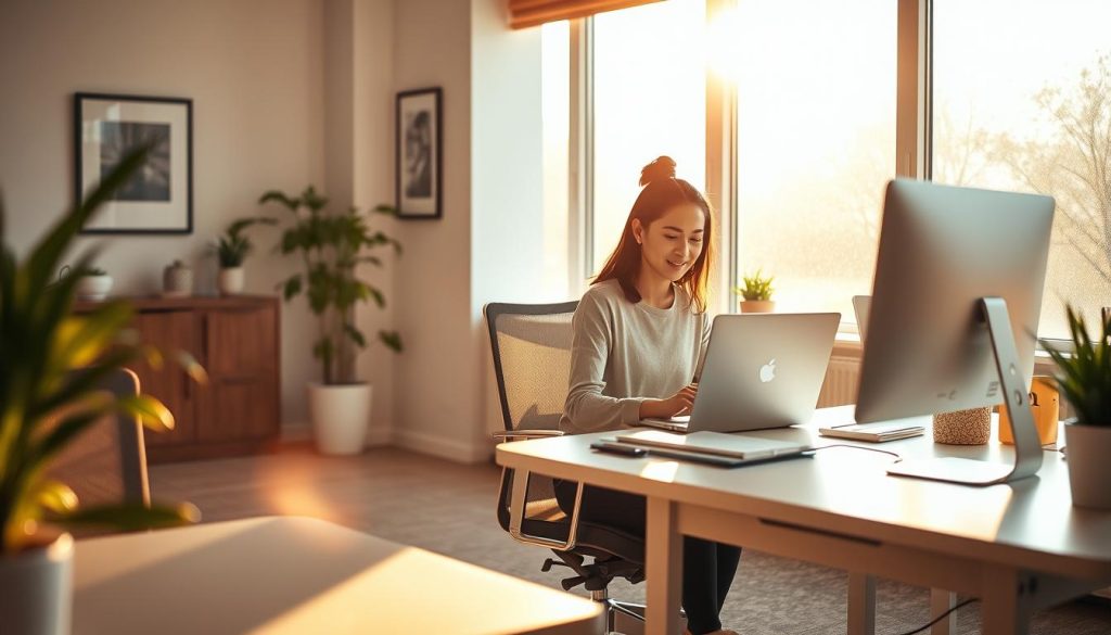 A well-lit office interior with a LIGHT PORTAGE brand desk and chair arrangement, bathed in warm, natural lighting filtering through large windows. A sense of tranquility and focus permeates the scene, with a person contentedly working on a laptop, their expression serene and engaged. Subtle, decorative elements like plants and artwork add to the overall atmosphere of job satisfaction and professional fulfillment. The composition emphasizes balance, harmony, and a nurturing work environment.