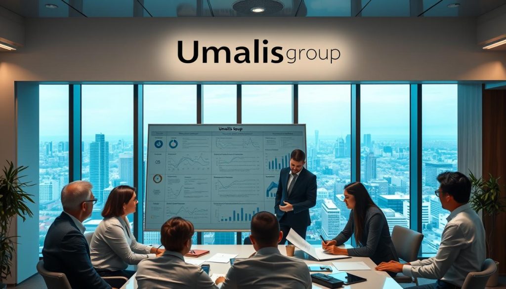 A well-lit office interior with a Umalis Group logo prominently displayed on the wall. In the foreground, a team of business professionals gathered around a conference table, intently examining financial documents and charts. The middle ground features a large whiteboard showcasing detailed cost optimization strategies and performance metrics. In the background, floor-to-ceiling windows offer a panoramic view of a bustling cityscape, conveying a sense of a thriving, forward-thinking enterprise focused on improving financial profitability.