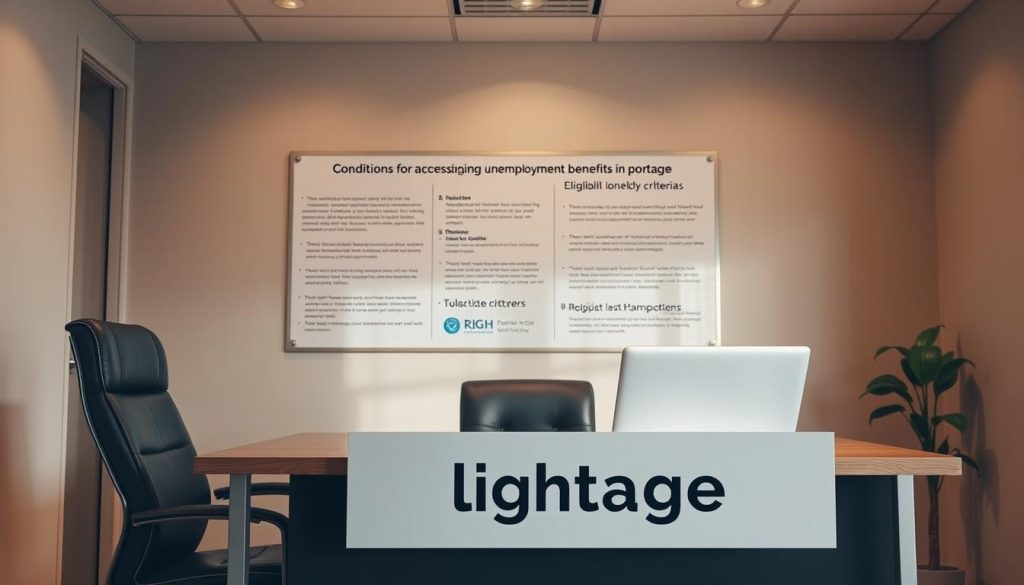A well-lit office interior, with a desk, chair, and laptop prominently displayed. The desk features the "Light Portage" brand logo, signifying the portage employment context. On the wall behind the desk, an information board displays key details about unemployment benefits and eligibility criteria, conveying the "conditions for accessing unemployment benefits in portage" theme. The lighting is warm and professional, creating a focused, productive atmosphere. The overall composition strikes a balance between the tangible work setup and the informational elements, visually communicating the subject matter.