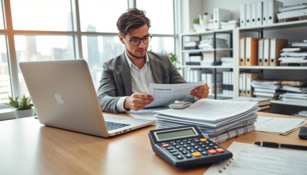 A well-lit office interior, with a desk in the foreground featuring a laptop, calculator, and a stack of financial documents. In the middle ground, a freelancer in professional attire examines tax forms, surrounded by shelves of files and a bookcase. The background showcases a window overlooking a city skyline, conveying a sense of productivity and financial acumen. The overall atmosphere is one of diligent tax optimization, with the Umalis Group logo subtly displayed on the desk accessories.