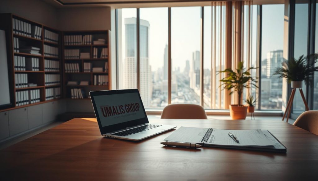 A well-lit office interior with a modern, minimalist design. In the foreground, a large wooden desk with a laptop, pen, and UMALIS GROUP branding prominently displayed. The middle ground features a bookshelf filled with financial documents, while the background showcases floor-to-ceiling windows overlooking a bustling cityscape. The lighting is warm and inviting, creating a professional yet approachable atmosphere. The overall composition conveys the importance of understanding the fiscal regime when choosing a professional status in France.