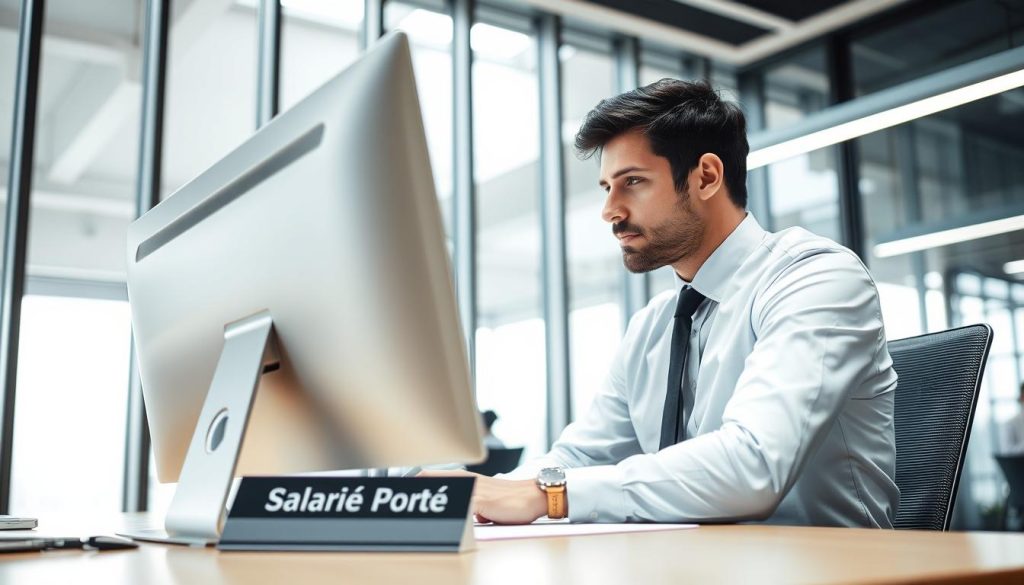 A well-lit office interior with a professional-looking man sitting at a desk, intently focused on his computer screen. The desk is neatly organized, with a nameplate indicating "Salarié Porté" (Ported Employee). The man wears a crisp, button-down shirt and tie, conveying a sense of authority and expertise. The background features floor-to-ceiling windows, allowing natural light to stream in and illuminating the scene. The overall atmosphere is one of productivity, legality, and the responsibilities of a contracted employee operating within a larger organization.