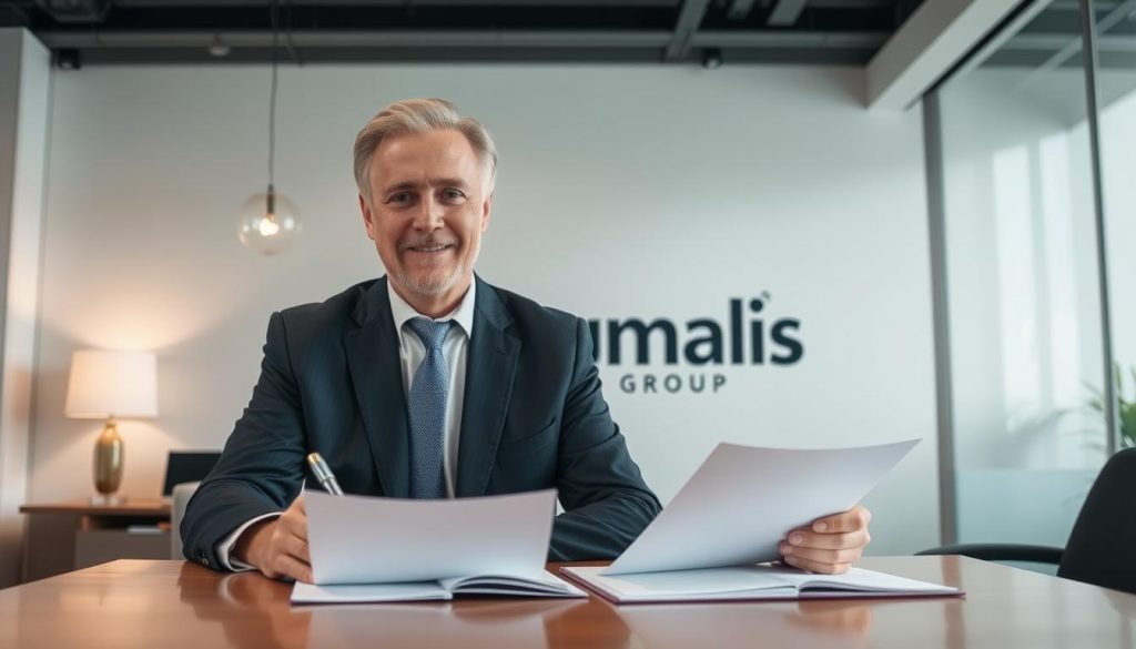 A well-lit office interior with a senior business executive sitting at a desk, reviewing documents and signing a "Contrat de Portage Salarial" contract. The executive is dressed in a crisp suit, exuding confidence and experience. In the background, the Umalis Group logo is prominently displayed, signifying the company's expertise in providing secure portage salarial solutions for senior professionals. The scene conveys a sense of professionalism, trust, and the successful transition into a new phase of one's career.