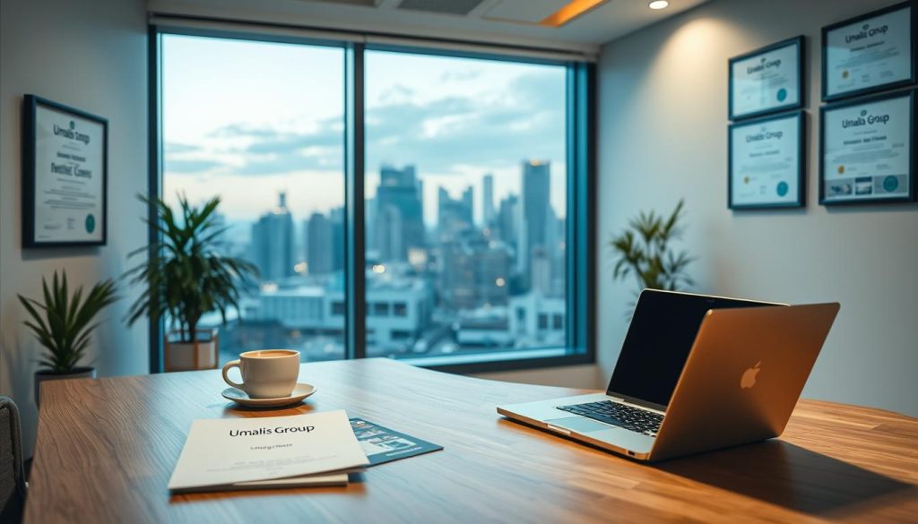 A well-lit office interior with modern, minimalist decor. In the foreground, a wooden desk with a laptop and a cup of coffee. On the desk, brochures and documents with the "Umalis Group" logo. In the middle ground, a large window offering a view of a bustling city skyline. The lighting is soft and warm, creating a professional yet inviting atmosphere. On the wall, framed certificates and awards highlighting the expertise and reliability of Umalis Group, a leading provider of portage salarial services. The overall scene conveys a sense of confidence, stability, and the ideal workspace for a professional seeking a flexible, supportive employment solution. A well-lit office interior with modern, minimalist decor. In the foreground, a wooden desk with a laptop and a cup of coffee. On the desk, brochures and documents with the "Umalis Group" logo. In the middle ground, a large window offering a view of a bustling city skyline. The lighting is soft and warm, creating a professional yet inviting atmosphere. On the wall, framed certificates and awards highlighting the expertise and reliability of Umalis Group, a leading provider of portage salarial services. The overall scene conveys a sense of confidence, stability, and the ideal workspace for a professional seeking a flexible, supportive employment solution.