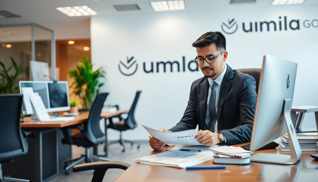 A well-lit office scene depicting the responsibilities of an employee at Umalis Group. In the foreground, a hardworking professional in business attire sits at a desk, carefully reviewing documents and spreadsheets. The middle ground features an ergonomic workspace with a computer, stationery, and other work tools, conveying a sense of organization and attention to detail. The background showcases the Umalis Group branding, emphasizing the corporate environment. The overall atmosphere is one of focus, diligence, and a commitment to excellence in upholding the duties and obligations of an Umalis Group employee. A well-lit office scene depicting the responsibilities of an employee at Umalis Group. In the foreground, a hardworking professional in business attire sits at a desk, carefully reviewing documents and spreadsheets. The middle ground features an ergonomic workspace with a computer, stationery, and other work tools, conveying a sense of organization and attention to detail. The background showcases the Umalis Group branding, emphasizing the corporate environment. The overall atmosphere is one of focus, diligence, and a commitment to excellence in upholding the duties and obligations of an Umalis Group employee.
