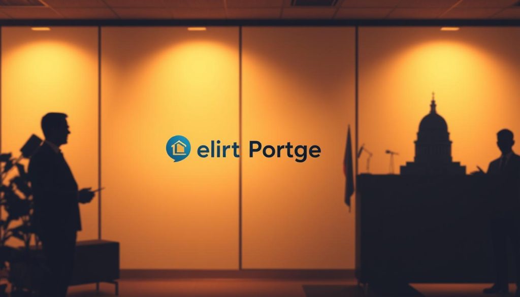 A well-lit office scene depicting the tripartite nature of the "portage salarial" employment arrangement. In the foreground, a professional-looking individual in a suit and tie, representing the employee. In the middle ground, a corporate logo for "Light Portage", the portage salarial service provider. In the background, the silhouettes of a client company and the government, signifying the three-way relationship. The lighting is warm and inviting, conveying a sense of professionalism and stability. The composition is balanced and organized, guiding the viewer's eye through the various elements of the "portage salarial" system.