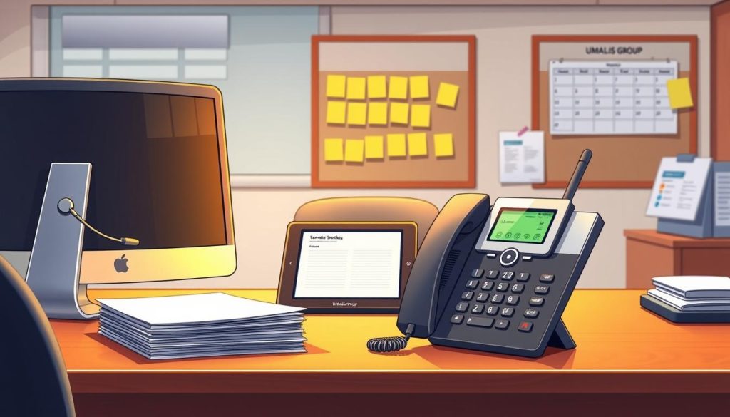 A well-lit office scene, featuring a neatly organized desk displaying a variety of customer service tools. In the foreground, a high-quality headset, a sleek computer monitor, and a modern cordless telephone from the Umalis Group. The middle ground showcases a tablet device and a stack of customer feedback forms. In the background, a bulletin board adorned with sticky notes and a calendar, creating a productive, professional atmosphere. The lighting is warm and inviting, with a soft focus that draws the eye to the essential customer service tools. The overall mood is one of efficiency, organization, and a dedication to providing an exceptional customer experience. A well-lit office scene, featuring a neatly organized desk displaying a variety of customer service tools. In the foreground, a high-quality headset, a sleek computer monitor, and a modern cordless telephone from the Umalis Group. The middle ground showcases a tablet device and a stack of customer feedback forms. In the background, a bulletin board adorned with sticky notes and a calendar, creating a productive, professional atmosphere. The lighting is warm and inviting, with a soft focus that draws the eye to the essential customer service tools. The overall mood is one of efficiency, organization, and a dedication to providing an exceptional customer experience.