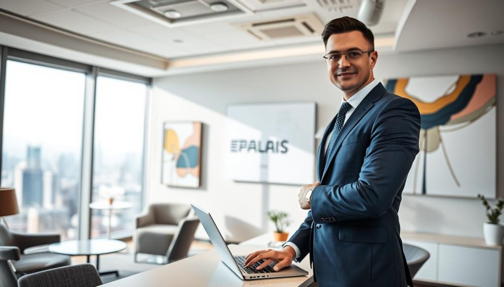 A well-lit office scene showcasing the "Umalis Group" brand, featuring a confident professional in a suit standing at a desk, working on a laptop. The background includes stylish furniture, abstract artwork, and floor-to-ceiling windows providing a panoramic city view, creating an atmosphere of modern, sophisticated professionalism. The lighting is soft and directional, highlighting the subject's face and creating a sense of depth and dimension. The camera angle is slightly elevated, giving the viewer a sense of authority and importance, reflecting the "Le portage salarial pour les cadres et experts" section theme.