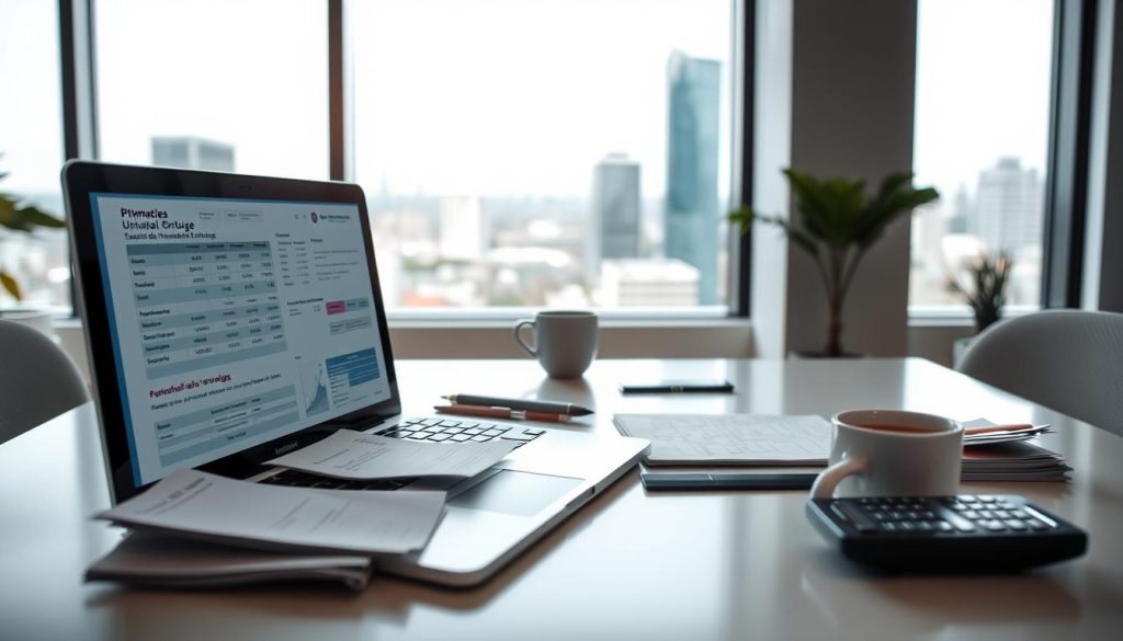 A well-lit office scene showcasing the optimization of professional expenses for Umalis Group's salarial portage services. In the foreground, a laptop displays financial documents, with a variety of receipts, invoices, and expense reports neatly organized. In the middle ground, a calculator and a cup of coffee sit on a clean, minimalist desk, hinting at the careful management of costs. The background features a large window overlooking a cityscape, conveying a sense of productivity and success. The overall tone is one of efficiency, organization, and financial savvy, reflecting the "Optimisation des revenus par la gestion des frais" section of the article. A well-lit office scene showcasing the optimization of professional expenses for Umalis Group's salarial portage services. In the foreground, a laptop displays financial documents, with a variety of receipts, invoices, and expense reports neatly organized. In the middle ground, a calculator and a cup of coffee sit on a clean, minimalist desk, hinting at the careful management of costs. The background features a large window overlooking a cityscape, conveying a sense of productivity and success. The overall tone is one of efficiency, organization, and financial savvy, reflecting the "Optimisation des revenus par la gestion des frais" section of the article.