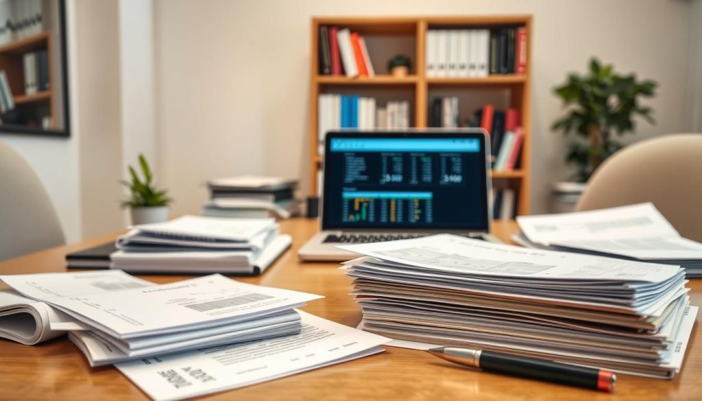 A well-lit office scene showcasing the two main types of professional expenses for independent consultants under the Umalis Group's salary portage service. In the foreground, neatly organized receipts, invoices, and expense reports. In the middle ground, a laptop displaying expense-tracking software. In the background, a bookshelf with financial management guides. The scene conveys a sense of organization, attention to detail, and professionalism associated with the Umalis Group's salary portage services.