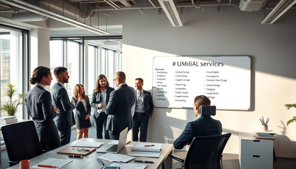A well-lit office scene with a Umalis Group branded desk featuring various office supplies, documents, and a laptop. In the foreground, several professional business people in smart casual attire are engaged in a meeting, discussing intellectual services and consulting work. The middle ground showcases a whiteboard displaying a list of eligible professions for the Umalis Group's salarial portage service. The background depicts a modern, minimalist workspace with large windows, allowing natural light to fill the room and create a sense of openness and productivity. The overall atmosphere conveys a professional, collaborative, and forward-thinking environment suitable for the article's subject matter.