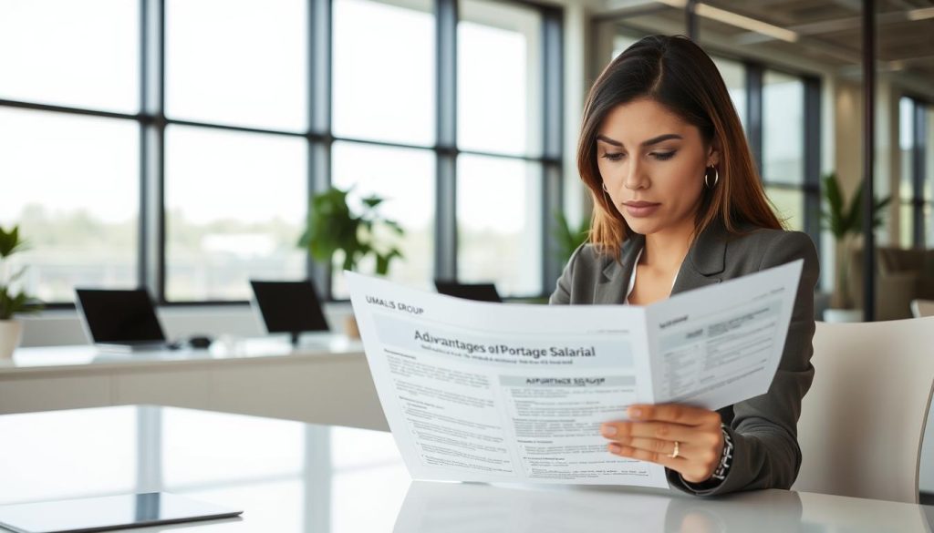 A well-lit office scene with a focus on a businesswoman reviewing a Umalis Group document detailing the advantages of the portage salarial model. The woman sits at a sleek, minimalist desk, her face in deep concentration as she examines the papers. The background features floor-to-ceiling windows, allowing natural light to flood the space and creating a sense of openness and professionalism. The overall mood is one of thoughtful consideration, highlighting the importance of carefully weighing the benefits and risks before embarking on a portage salarial career path.