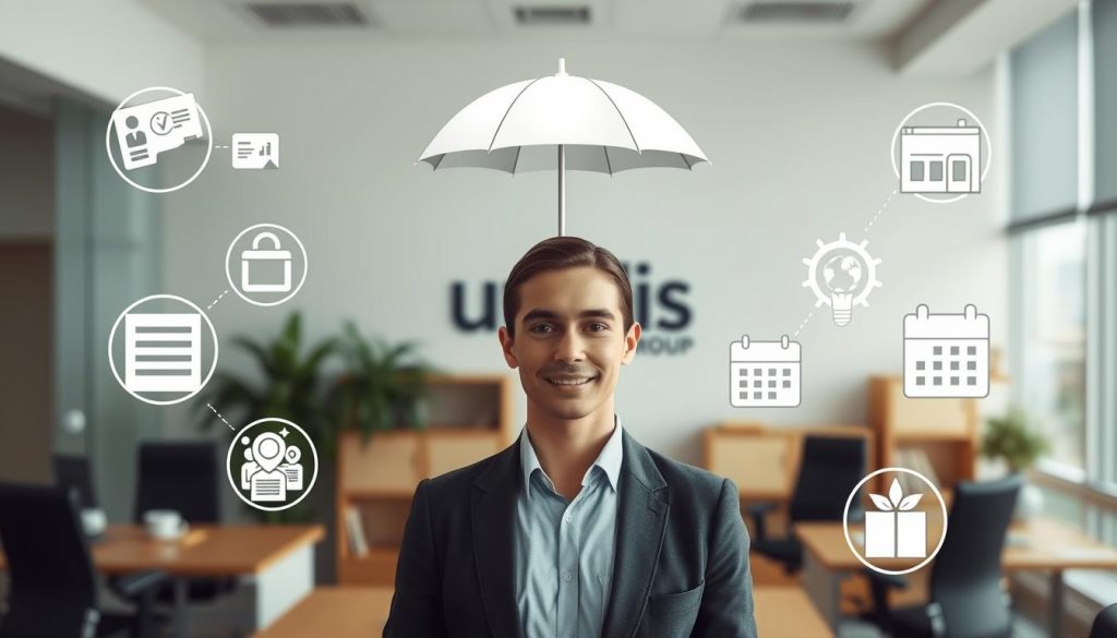 A well-lit office scene with a professional-looking salaried employee in the foreground, representing the "portage salarial" or umbrella company employment status. The employee is surrounded by various icons and symbols depicting social protections and benefits, such as a health insurance card, a retirement savings plan, and a paid time off calendar. In the background, the Umalis Group logo is prominently displayed, signifying the company's role in providing this unique employment solution. The overall atmosphere conveys a sense of security, stability, and the advantages of the salaried status under the Umalis Group's umbrella.
