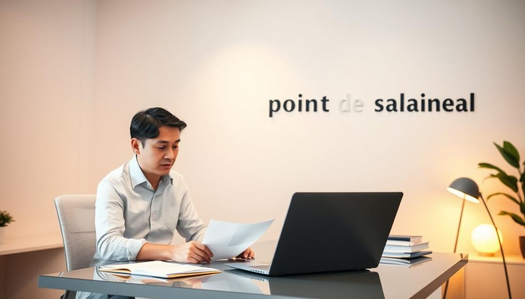 A well-lit office scene with a professional working at a desk, focused on paperwork and a laptop. The room has a modern, minimalist design with clean lines and neutral tones. Warm lighting illuminates the space, creating a productive and organized atmosphere. The worker appears engaged, suggesting strategies for optimizing salary management and tax planning. The image conveys a sense of expertise and efficiency in handling the complexities of "portage salarial" in the French context.