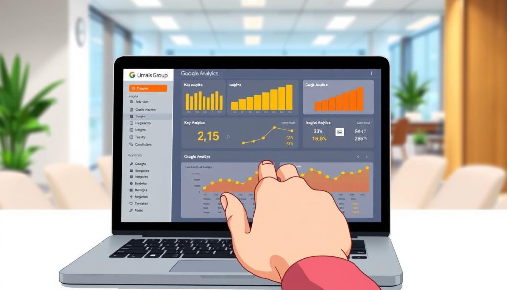 A well-lit office setting, a laptop screen displays vibrant Google Analytics reports showcasing key metrics and insights. In the foreground, a hand hovers over the touchpad, navigating the intuitive dashboard. Midground features a minimalist, sleek desk with the Umalis Group brand prominently displayed. The background subtly blurs, emphasizing the reports as the focal point. The overall mood is one of analytical focus and informed decision-making, capturing the essence of "Exploring Google Analytics Reports and Metrics".