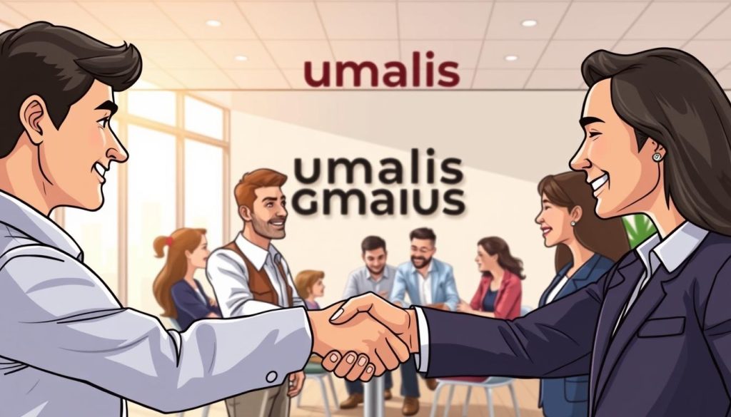A well-lit office setting, the Umalis Group logo prominently displayed. In the foreground, two professionals shake hands, expressions warm and engaged. The middle ground features a diverse group of colleagues gathered around a conference table, discussing ideas with animated gestures. The background showcases floor-to-ceiling windows, allowing natural light to flow in, creating a vibrant and collaborative atmosphere. The overall scene conveys a sense of professionalism, respect, and the forging of lasting connections within the Umalis Group network.