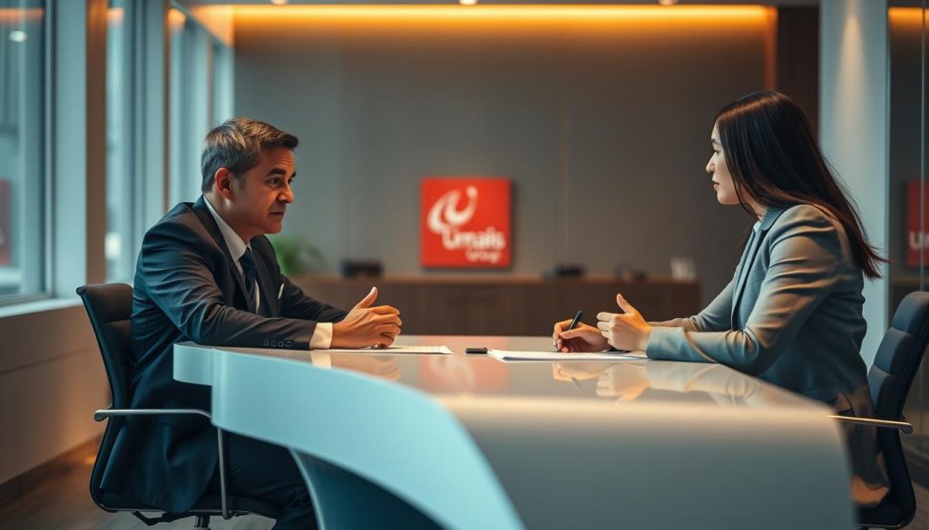 A well-lit office setting, two individuals seated at a table engaged in a serious discussion, negotiating the terms of a work agreement. The foreground features the two professionals, one dressed in a sharp suit, the other in business attire, their expressions attentive and focused. The middle ground showcases a sleek, modern desk adorned with a Umalis Group logo, signifying the context of this negotiation. The background subtly blurs, emphasizing the importance of the interaction. Warm lighting casts a professional, collaborative atmosphere, capturing the essence of "Negotiating Your Work Agreement as an Independent Professional".