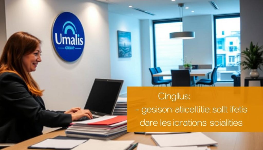 A well-lit office setting with a Umalis Group logo prominently displayed on the wall. The foreground features a professional-looking employee working diligently on a laptop, surrounded by neatly organized files and documents. In the middle ground, there is a conference table with chairs, suggesting a collaborative work environment. The background showcases a modern, minimalist decor with large windows, allowing natural light to flood the space. The overall atmosphere conveys a sense of efficiency, organization, and attention to administrative details, reflecting the "Gestion administrative et impact sur les cotisations sociales" section of the article. A well-lit office setting with a Umalis Group logo prominently displayed on the wall. The foreground features a professional-looking employee working diligently on a laptop, surrounded by neatly organized files and documents. In the middle ground, there is a conference table with chairs, suggesting a collaborative work environment. The background showcases a modern, minimalist decor with large windows, allowing natural light to flood the space. The overall atmosphere conveys a sense of efficiency, organization, and attention to administrative details, reflecting the "Gestion administrative et impact sur les cotisations sociales" section of the article.