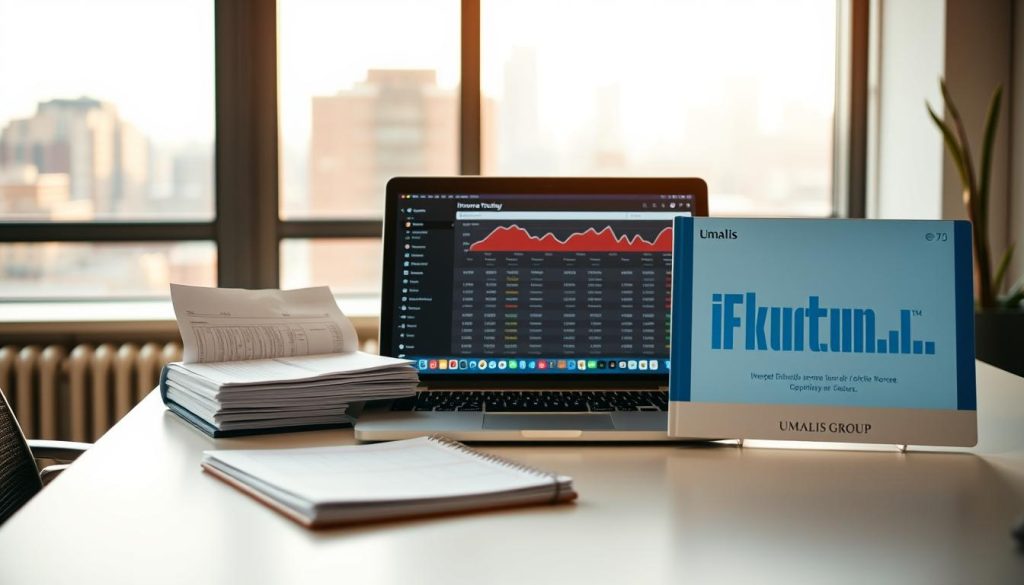 A well-lit office setting, with a clean, minimalist desk showcasing a variety of income tracking tools. On the desk, a laptop displaying a financial dashboard, alongside a physical ledger, a stack of receipts, and a modern, digital expense tracker from the Umalis Group. The background features a soft, blurred cityscape, hinting at the freelance lifestyle. Warm, natural lighting filters through large windows, creating a calm and focused atmosphere conducive to effective financial management.