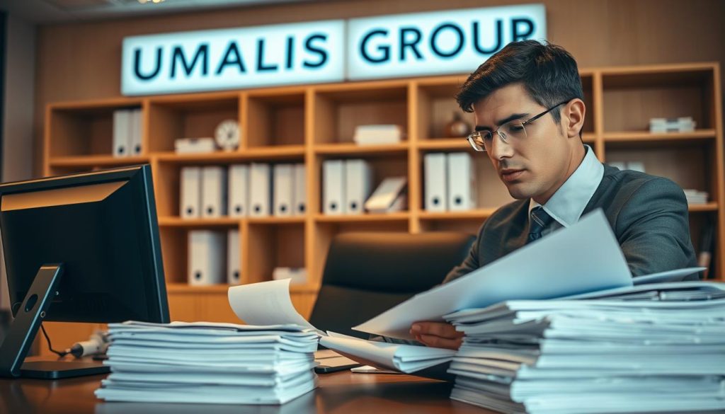A well-lit office setting with a desk, computer, and stacks of documents representing the process of reimbursing professional expenses. A person in formal attire, likely an employee or manager, is reviewing paperwork and receipts, with a focused expression. In the background, shelves displaying the UMALIS GROUP brand name, symbolizing the organizational structure and procedures involved. Warm lighting creates a productive atmosphere, while the composition emphasizes the attention to detail and diligence required in this reimbursement process.