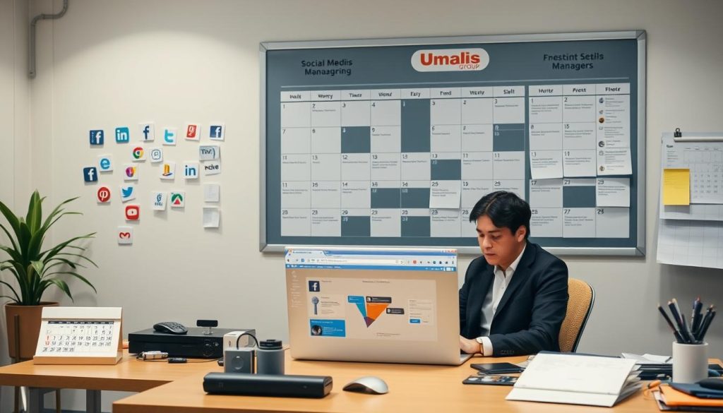 A well-lit office setting, with a desk featuring a laptop, calendar, and various digital devices. In the foreground, a person in business attire sits at the desk, intently focused on their computer screen, representing the daily responsibilities of a social media manager. The middle ground showcases social media platform icons, analytics dashboards, and various content creation tools, highlighting the diverse skillset required. In the background, a large bulletin board displays a calendar, meeting notes, and a "Umalis Group" logo, reinforcing the professional corporate environment. The overall atmosphere conveys a sense of productivity, organization, and the multifaceted nature of a social media manager's role.