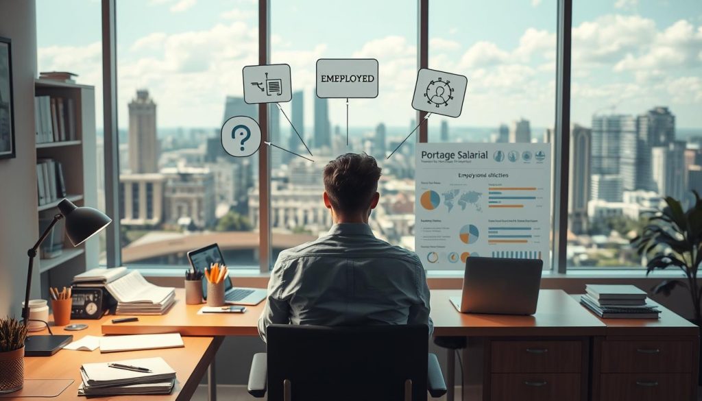 A well-lit office setting with a desk, laptop, and various office supplies. In the foreground, a person sitting at the desk contemplating different employment status options, represented by floating icons depicting "Employed", "Freelance", and "Portage Salarial" (Umalis Group). The middle ground features informative infographics and charts highlighting the benefits and considerations of each choice. The background depicts a serene urban landscape, suggesting the flexibility and security these options can offer. The overall tone is professional, informative, and visually engaging.