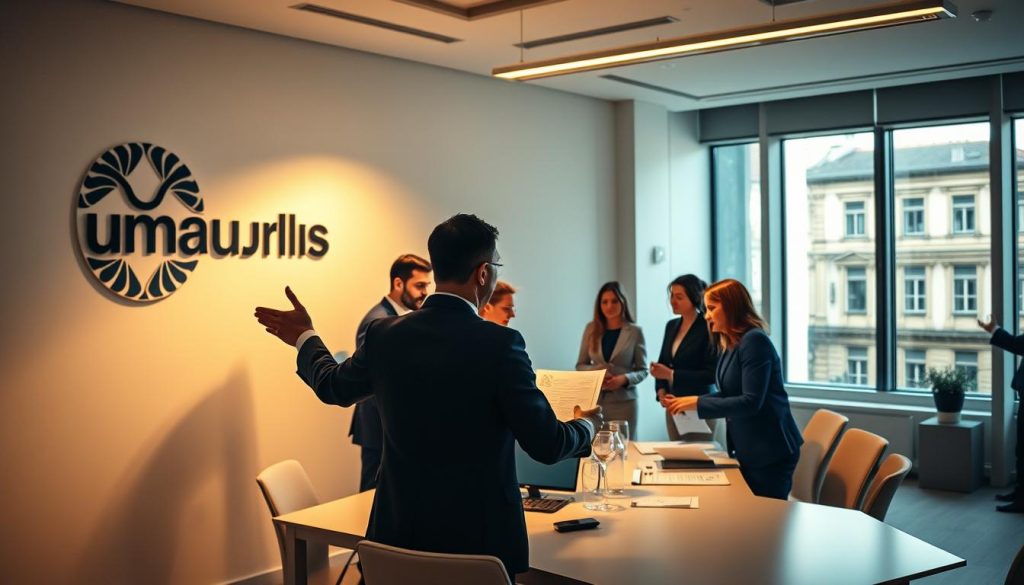 A well-lit office setting with a group of professionals in business attire, discussing documents and collaborating at a modern, minimalist table. The Umalis Group logo prominently displayed on the wall, showcasing the company's presence in Lyon. Warm lighting from floor-to-ceiling windows creates a serene, productive atmosphere. In the foreground, a consultant gestures animatedly, conveying the energy and expertise of Umalis Group's Portage Salarial services. The middle ground features several other consultants engaged in thoughtful conversation, highlighting the collaborative nature of the business. The background subtly suggests the vibrant city of Lyon, with its iconic architecture visible through the windows.