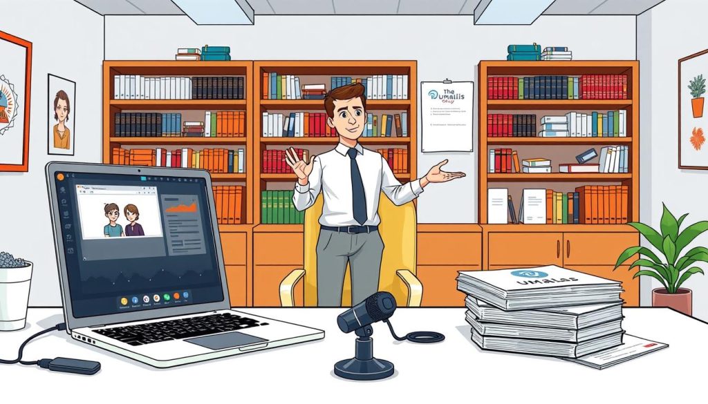 A well-lit office setting with a large desk, computer, and various webinar-related tools and resources. In the foreground, an open laptop displaying webinar interface elements. On the desk, a high-quality webcam, USB microphone, and a stack of instructional materials. In the middle ground, a professional-looking presenter standing at the desk, gesturing towards the webinar tools. The background features shelves filled with relevant books, manuals, and other resources from the Umalis Group. The overall atmosphere is one of productivity, expertise, and a focus on leveraging webinar technology for maximum impact.
