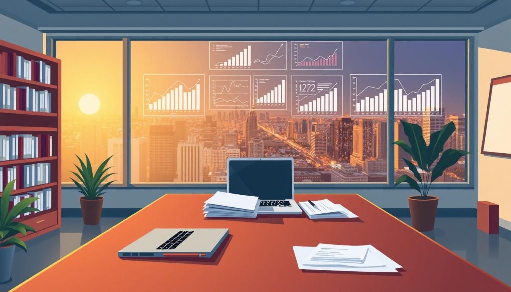 A well-lit office setting, with a large desk in the foreground. On the desk, a laptop, a stack of financial documents, and a pen. Behind the desk, a bookshelf filled with business and finance-related books. In the middle ground, a wall display showcasing various financial graphs and charts, highlighting the benefits of business financial planning. The background features a large window overlooking a bustling city skyline, bathed in warm, golden lighting. The overall atmosphere conveys a sense of productivity, organization, and the strategic advantages of effective financial planning for a business.