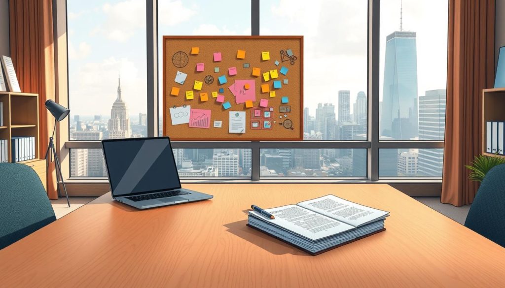 A well-lit office setting, with a large wooden desk in the foreground. On the desk, a laptop, a few open notebooks, and a pen resting atop a stack of documents. In the middle ground, a strategically placed corkboard filled with colorful sticky notes, diagrams, and sketches, hinting at the thought processes involved in strategic planning. The background features a large window overlooking a bustling city skyline, suggesting a connection between the individual's work and the broader business landscape. The overall atmosphere conveys a sense of focus, organization, and the thoughtful development of strategic thinking skills.