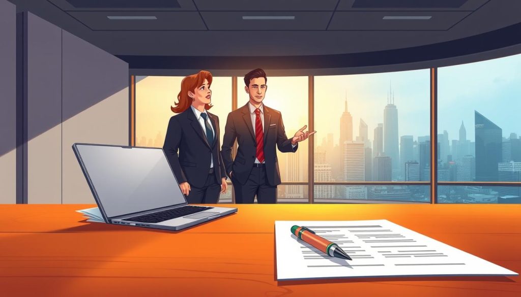 A well-lit office setting, with a large, wooden desk in the foreground. On the desk, an open laptop, a stack of papers, and a pen resting on a legal contract. In the middle ground, two business professionals in formal attire, engaged in a negotiation, gesturing towards the contract. The background features a large window overlooking a bustling cityscape, casting a warm, natural light throughout the scene. The overall atmosphere conveys a sense of professionalism, attention to detail, and the collaborative nature of the contract drafting process.