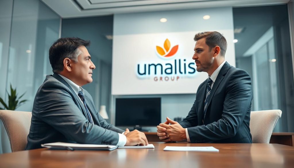 A well-lit office setting, with a middle-aged professional businessman sitting across a desk, engaged in a serious discussion with a younger, suited executive. The businessman's expression is focused, his body language conveying confidence and authority. The younger executive listens intently, hands clasped on the desk, considering the businessman's proposal. In the background, the Umalis Group logo is prominently displayed, highlighting the professional and corporate nature of the negotiation. The scene is captured through a wide-angle lens, creating a sense of depth and emphasizing the power dynamics at play.