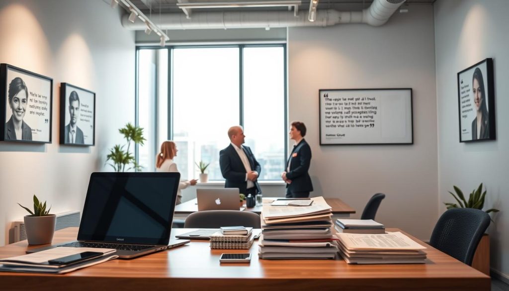 A well-lit office setting, with a modern, minimalist aesthetic. In the foreground, a desk displays a laptop, smartphone, and stacks of documents, conveying a professional work environment. On the walls, framed testimonials from satisfied UMALIS GROUP clients, their faces and expressions suggesting positive experiences with the company's services. The middle ground features a few employees engaged in discussion, their body language indicating collaboration and camaraderie. The background showcases floor-to-ceiling windows, allowing natural light to flood the space and create a warm, inviting atmosphere. Overall, the scene communicates the trust, reliability, and expertise associated with UMALIS GROUP's client-centric approach to consultant portage salarial.