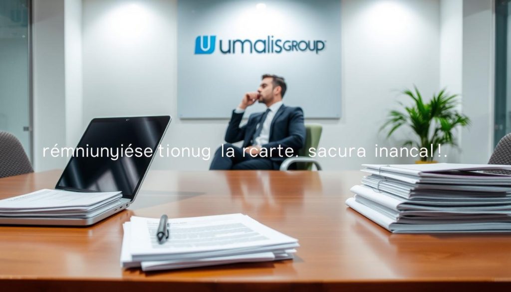 A well-lit office setting with a modern, minimalist design. In the foreground, a desk showcases a laptop, a pen, and a stack of documents, symbolizing the administrative tasks associated with "rémunération portage salarial". In the middle ground, a businessperson in a suit is seated, deep in thought, representing the decision-making process. The background features the Umalis Group logo, indicating the company's expertise in this domain. The overall atmosphere conveys a sense of professionalism, efficiency, and financial well-being.